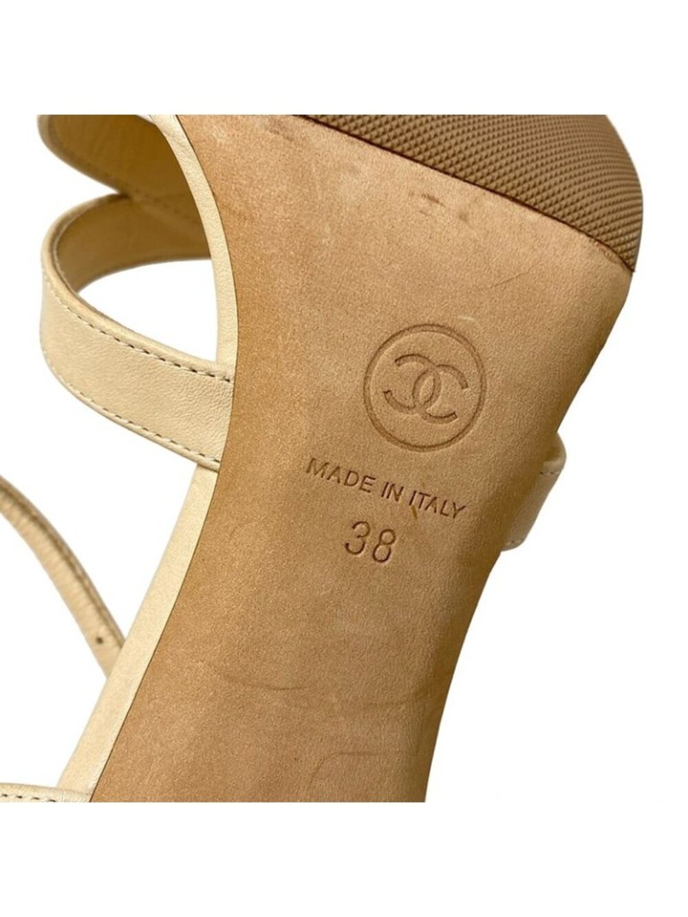 Chanel Sandals 38 Beige Coco Mark Outsole Reupholstered Leather - Picture 6 of 12